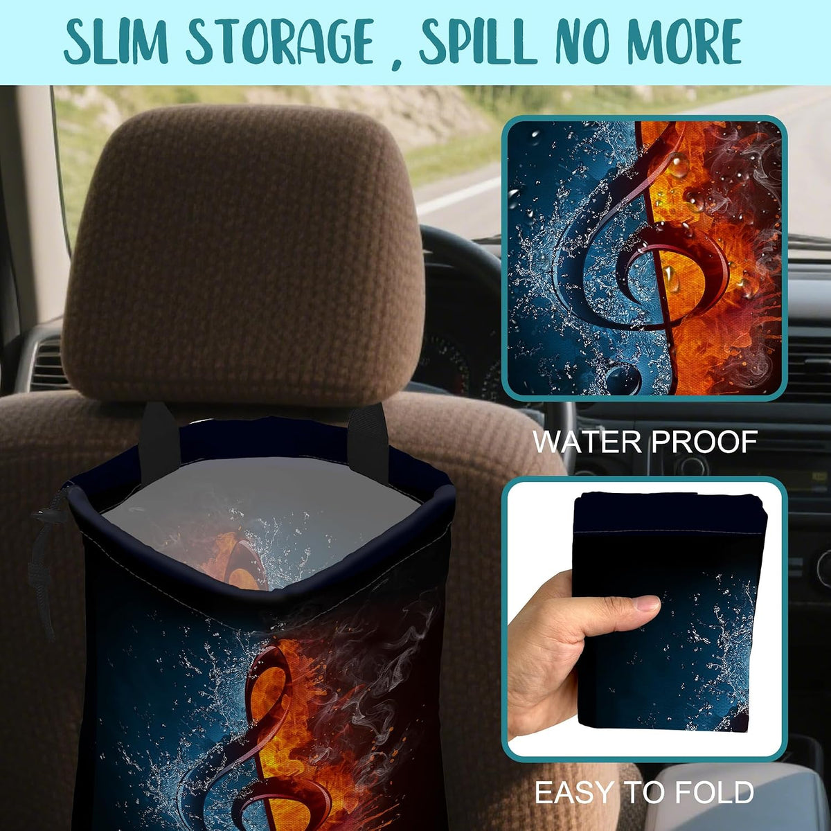 Car Trash Bag Music Note in Fire and Water Leak-Proof Waterproof Car Garbage Bag with Drawstring Foldable Canvas Trash Bin with Adjustable Buckle for Car Accessories, Travelling, Camping