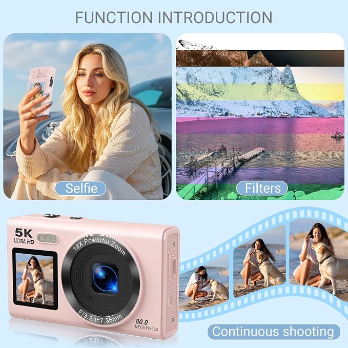5K Digital Camera for Photography, 80MP Dual Screen Vlogging Camera for YouTube