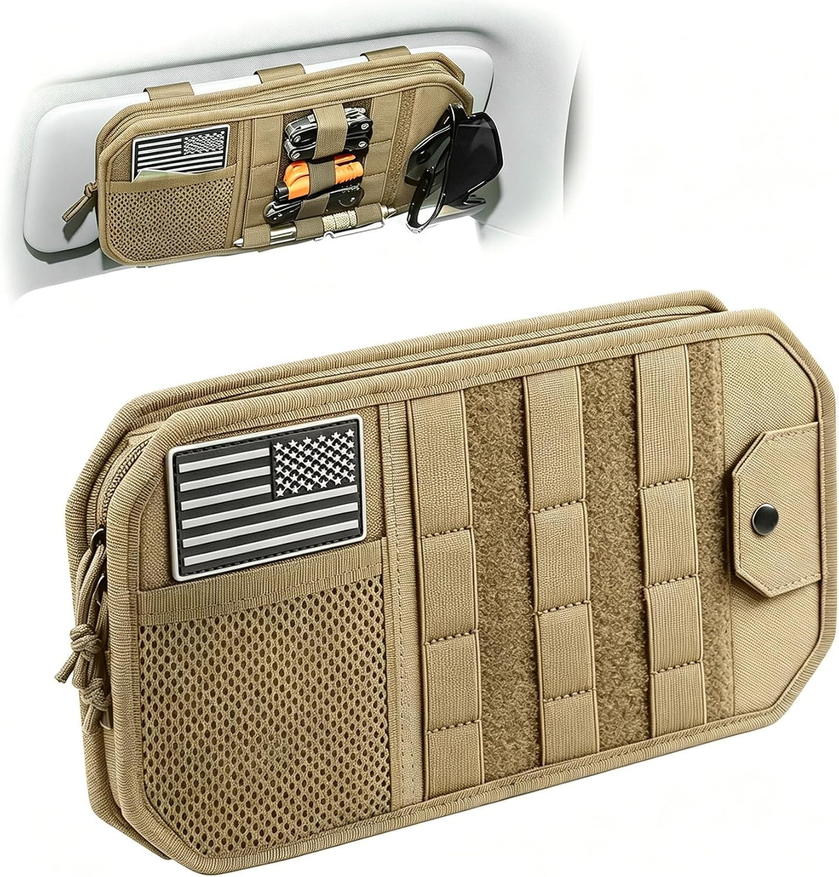 MOLLE Car Sun Visor Organizer, Multi-Pocket Storage Pouch with Zippered Compartment, Sunglasses Holder and Clear Window, Universal Visor Storage Bag for Cars, Trucks and SUVs (Black)