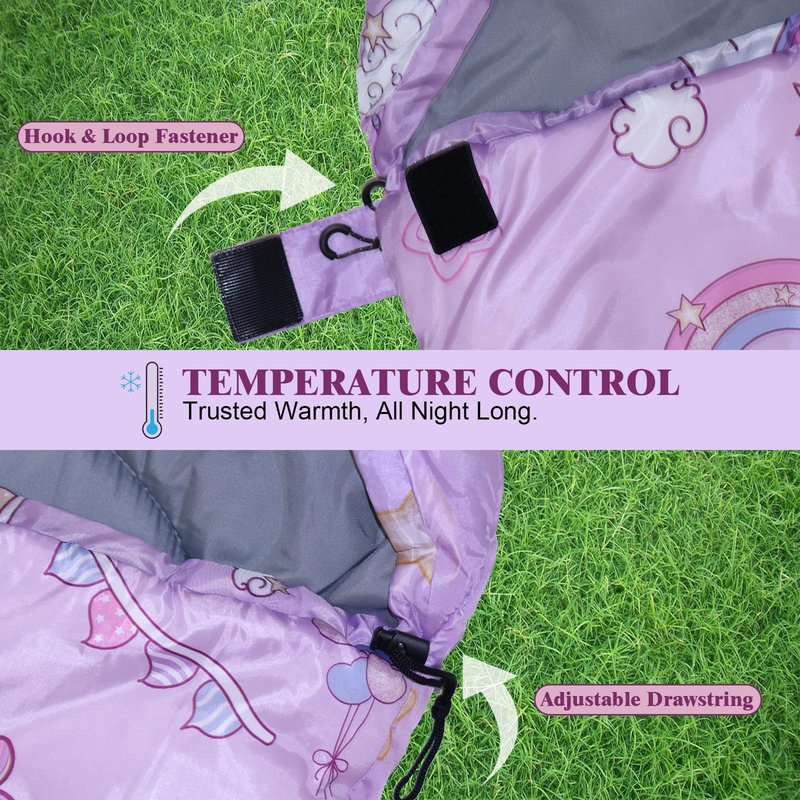 YOVOMEE Kids Sleeping Bag for Girls, 3 Season Sleeping Bag with Backpacking Bag, Warm & Cool Weather, Portable for Travel, Sleepovers, Indoor & Outdoor Camping, Machine Washable