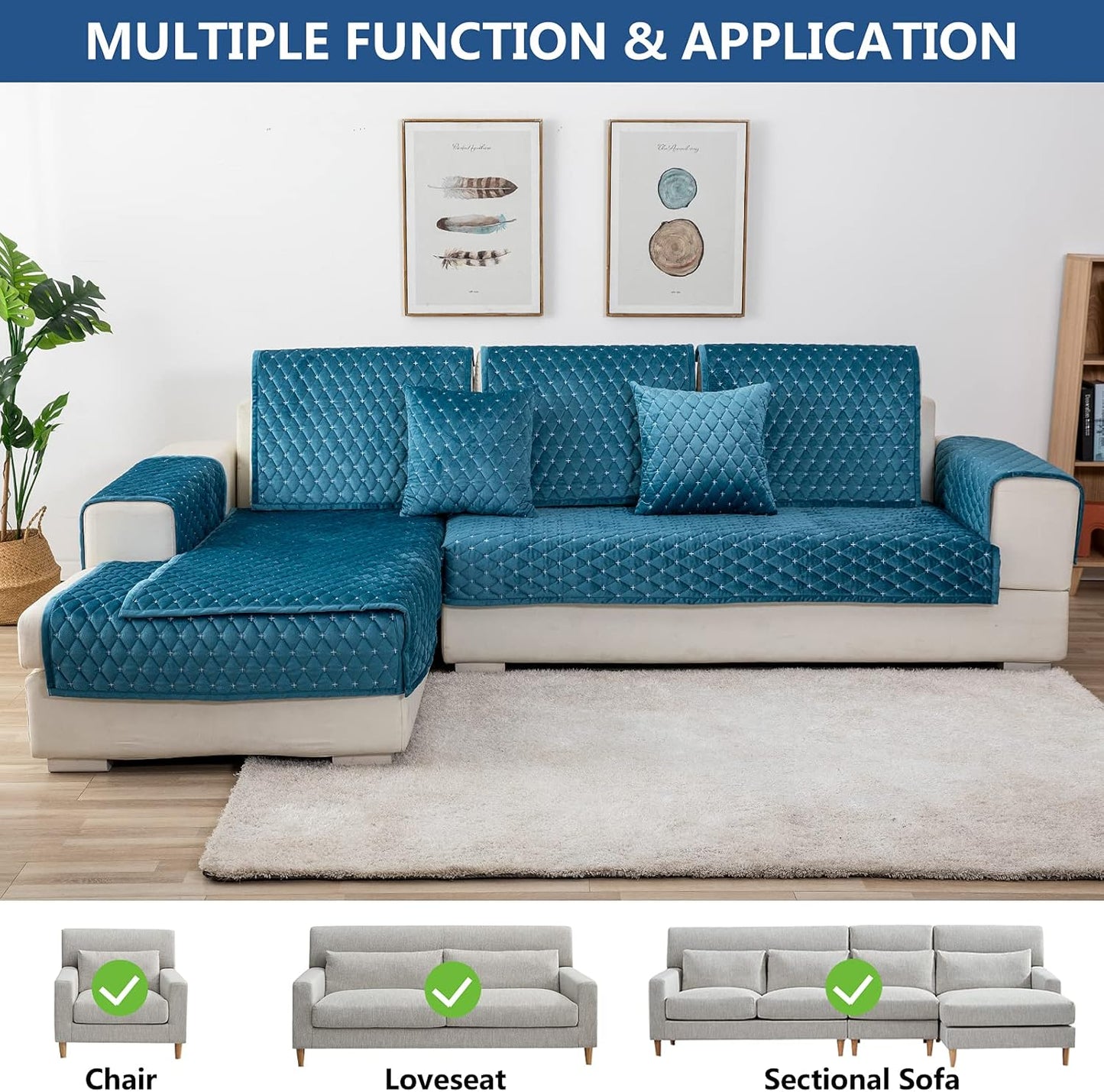 Eismodra Couch Cover,Sectional Couch Covers,Sofa Covers for 3 Cushion Couch,Anti-Slip Sofa Slipcovers for Dogs Cats Kids Loveseat Recliner L Shaped Armrest Backrest,Blue 43''x94''(Only 1 Piece)