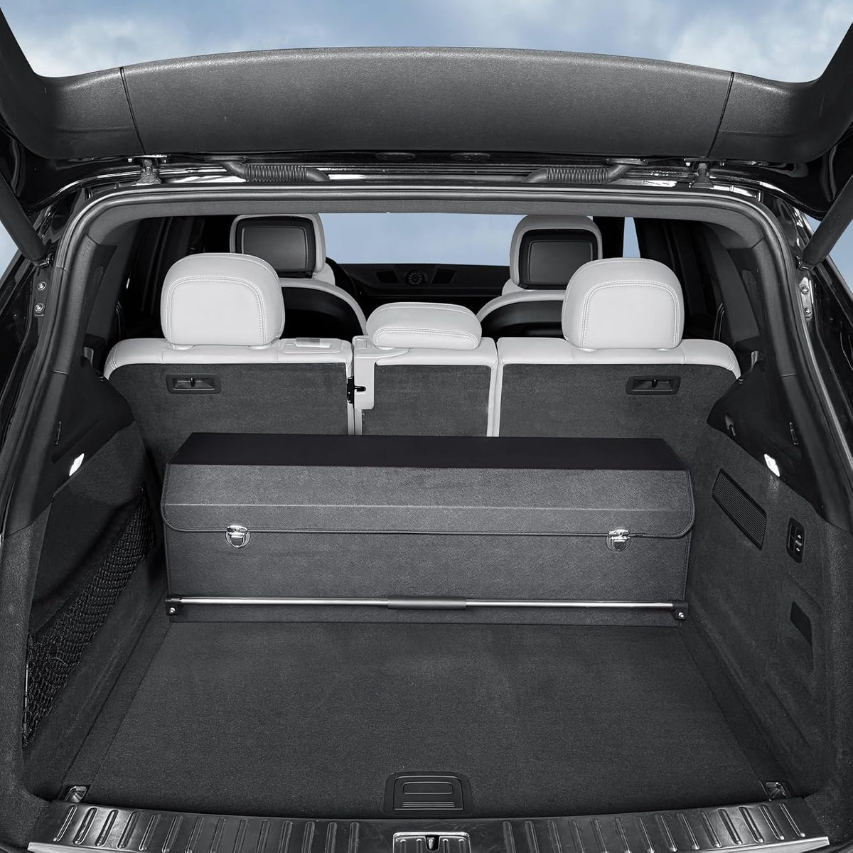 Car Trunk Organizer, Leather Trunk Organizer for Suv with Lid and Push-pull Handle Car Trunk Leather Storage Box Extra Large Cargo Storage (Black, 41.3 x 11.4 x 12.2in)