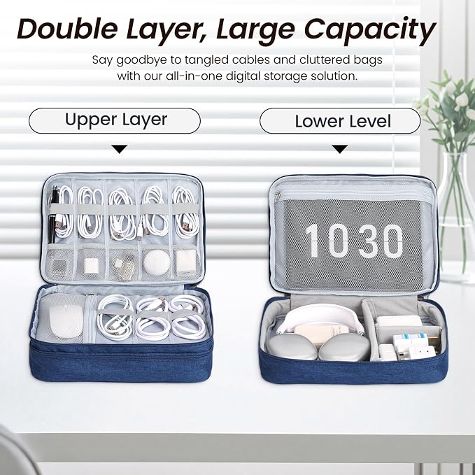 Large Electronic Organizer Travel Case, Double Layer Tech Accessories Bag
