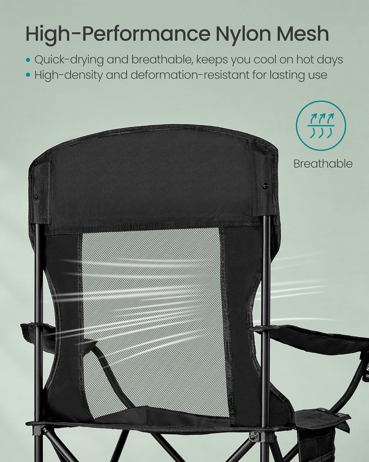 SONGMICS Foldable Camping Chairs - Breathable High Back Design with Adjustable Armrests & Drink Holder | Set of 2, Ink Black, 330 lb Capacity
