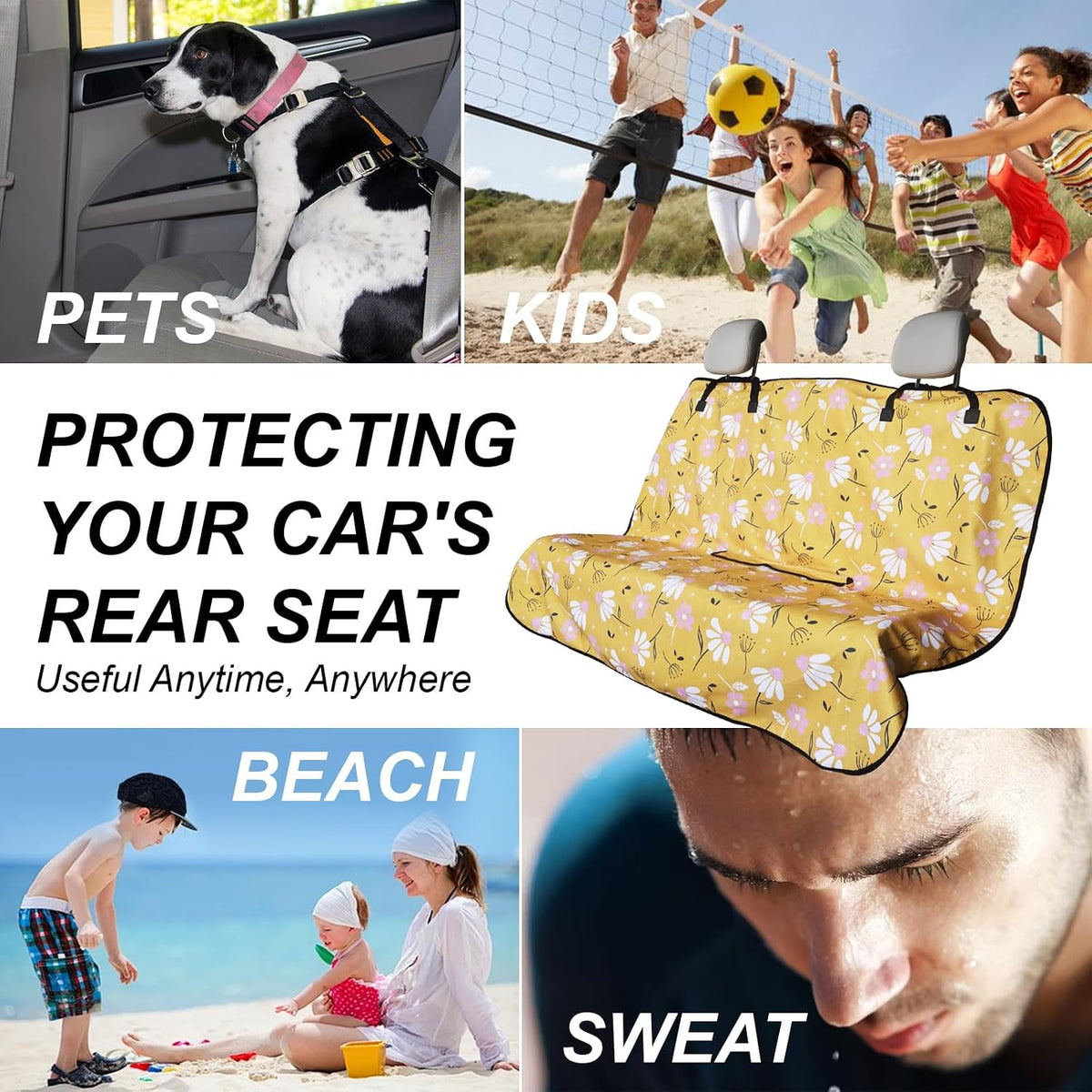 Sweat Towel Car Seat Cover Protector Front Seats for Gym Workout, Running, Swimming, Beach and Hiking, Waterproof Universal Seat Cover for Car, Trucks, Van & SUV (1, Chamomile, Rear Seat)