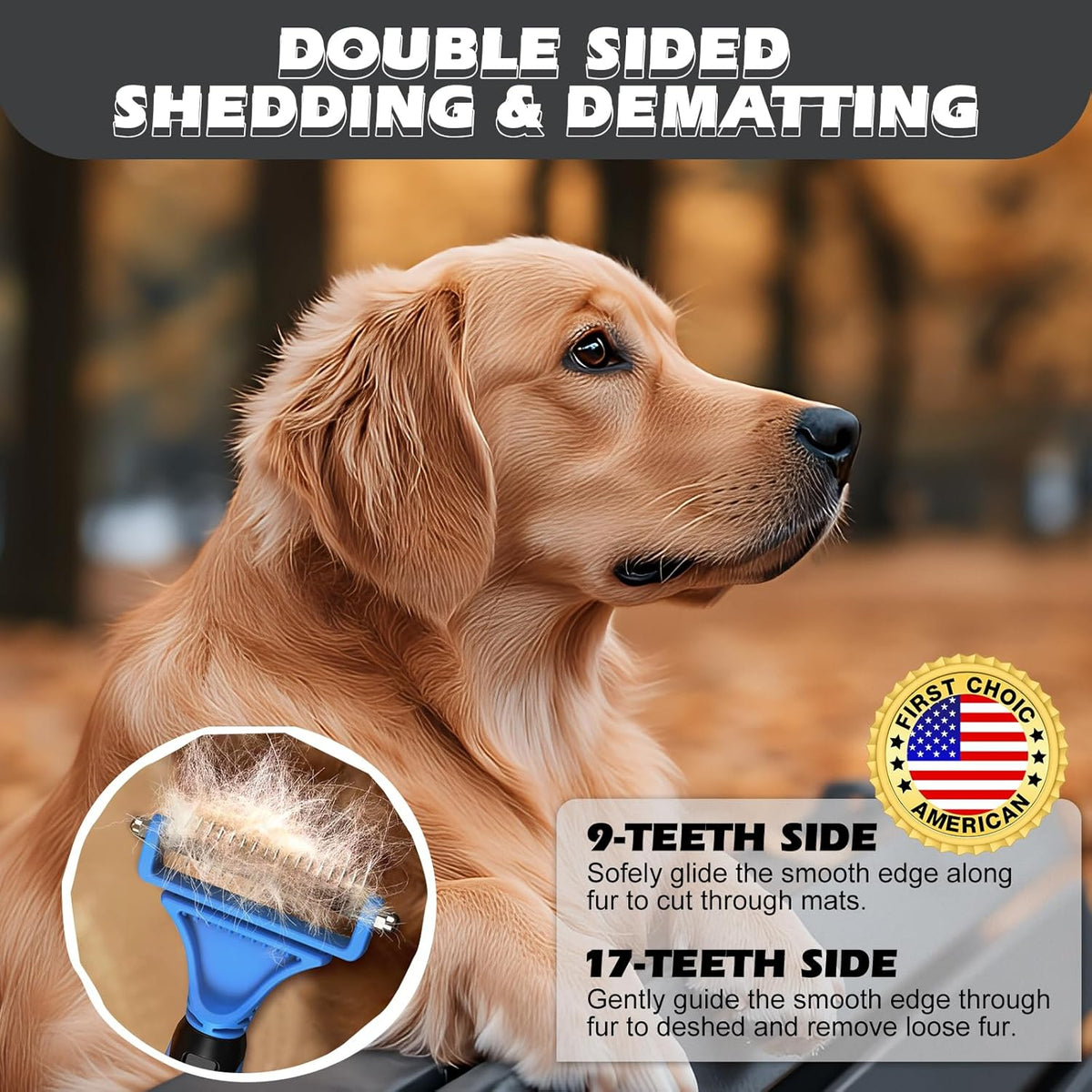 Skiennix Pet Grooming Set - 3PCS Double-Sided Rake, Metal Comb & Flea Comb for Cats & Dogs | Extra-Wide Deshedding Tool (Blue)