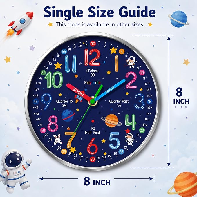 Roymnie Wall Clock Learning to Tell Time Easily Non Ticking Battery Operated