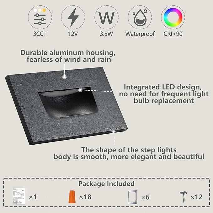 FTL Stair Lights Indoor LED Outdoor Step Lights 12V, Low Voltage 3000K/4000K/5000K Color Changing Deck Stair Light 3.5W 150LM Stairway Lighting, Waterproof Deck Step Lights Black Aluminum, 6 Pack