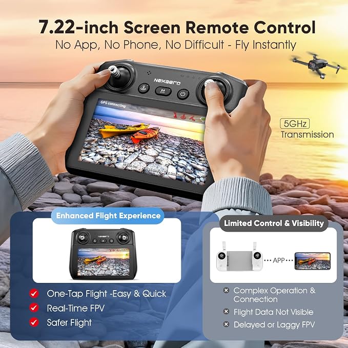 GPS Drone with EIS 2K Camera for Adults, 7.22 inch Screen on Remote Controller