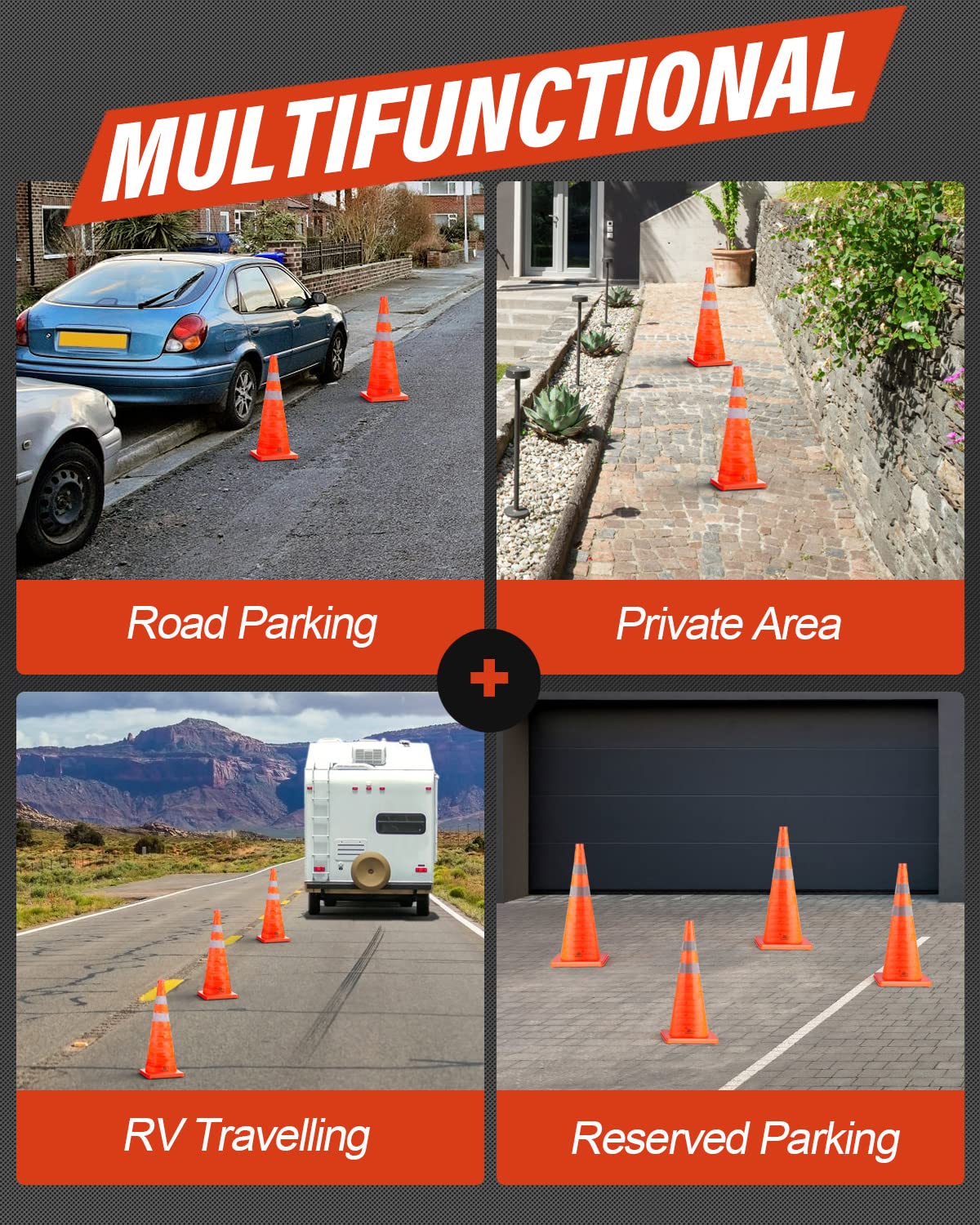 RoadHero Traffic Cones - 18 Inch Collapsible Orange Cones with Reflective Collar | 8 Pack for Safety & Training