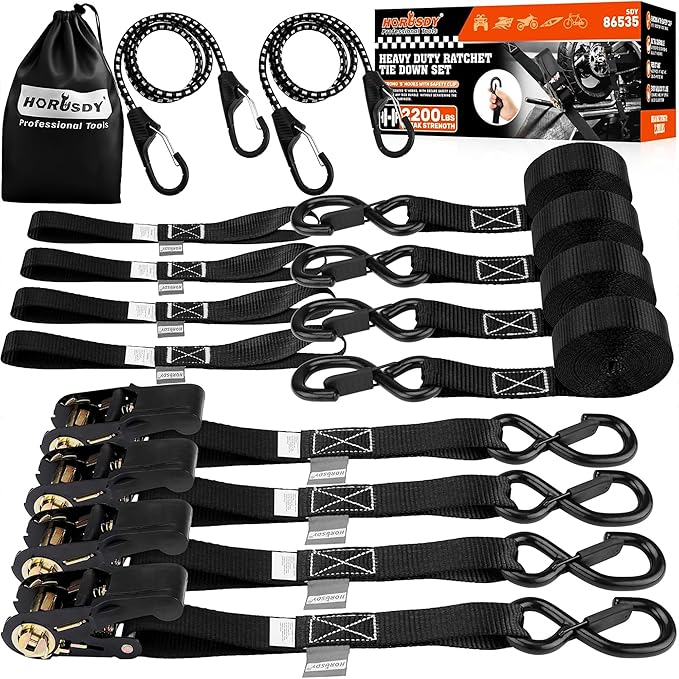 HORUSDY Ratchet Straps Heavy Duty, Tie Down Straps Ratchet Set, 2200 LB Break Strength, Safety Lock S Hooks, Best for Moving, Securing Cargo, Kayaks, Mountain (4 Pack，Black)