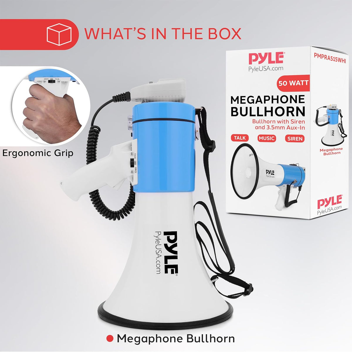 Pyle 50W Megaphone Bullhorn - Portable with Adjustable Volume & Siren | Projects Up to 1200 Yards