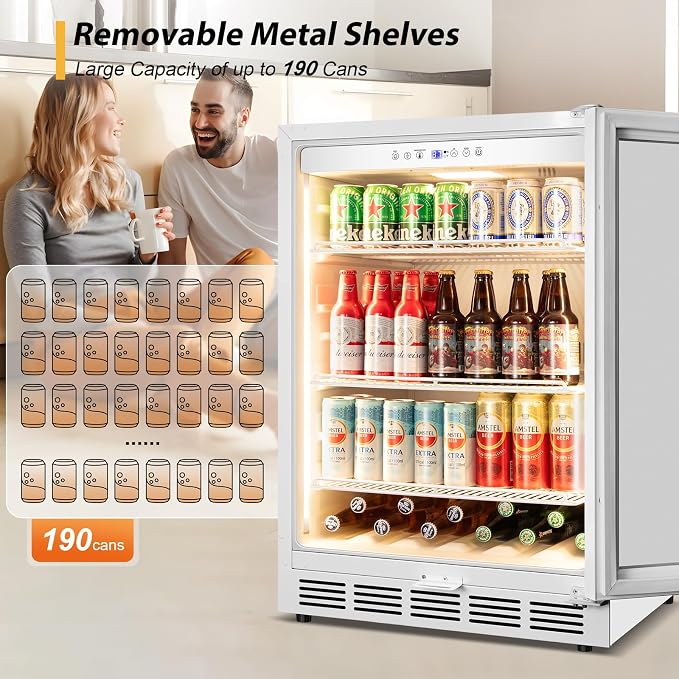 24" Beverage Refrigerator Glass Door Reversible White | Built-in/free, fast cool, <38dB, temp memory, glass+lock, 37-65°F, 190 can