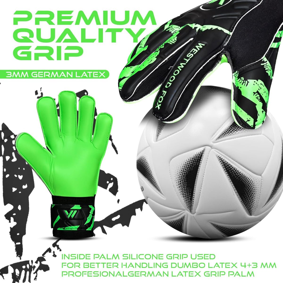Westwood Fox Goalkeeper Gloves - Heavy Grip Palm with Finger Protection for Kids & Adults | 4+3 mm Latex
