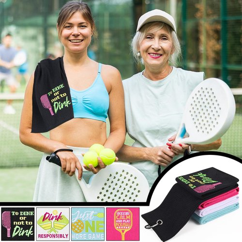 4 Pcs Funny Pickleball Towel Athletic Towels with Grommet Absorbent Embroidered Pickleball Gifts for Men Women Dinkball Towels Tennis Towel,24 x 16 Inch