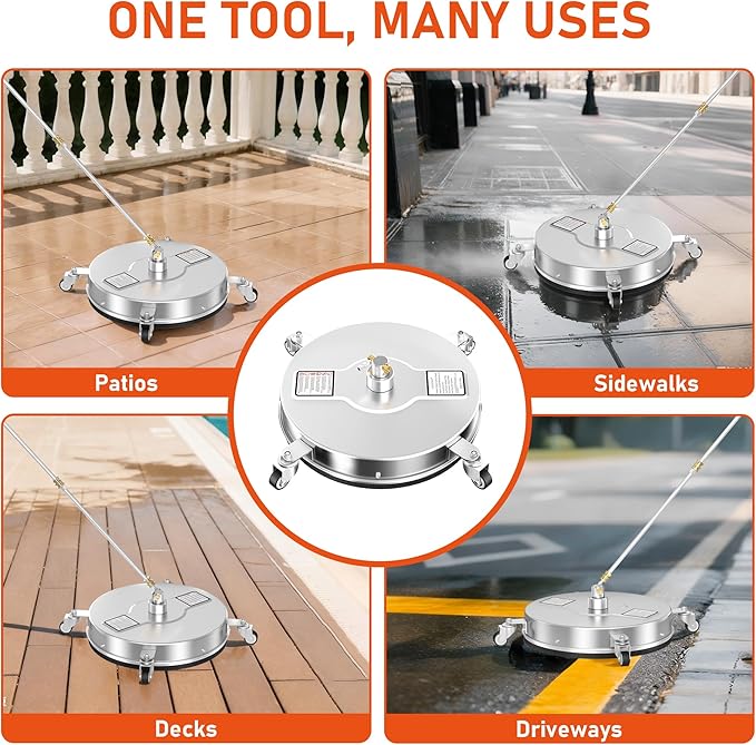 16.5" Pressure Washer Surface Cleaner with 4 Wheels, 4000 PSI Max Stainless Steel Surface Cleaner for Pressure Washer, 2 Extension Wands, 1/4" Quick Plug, for Concrete, Patio, Sidewalk, Deck