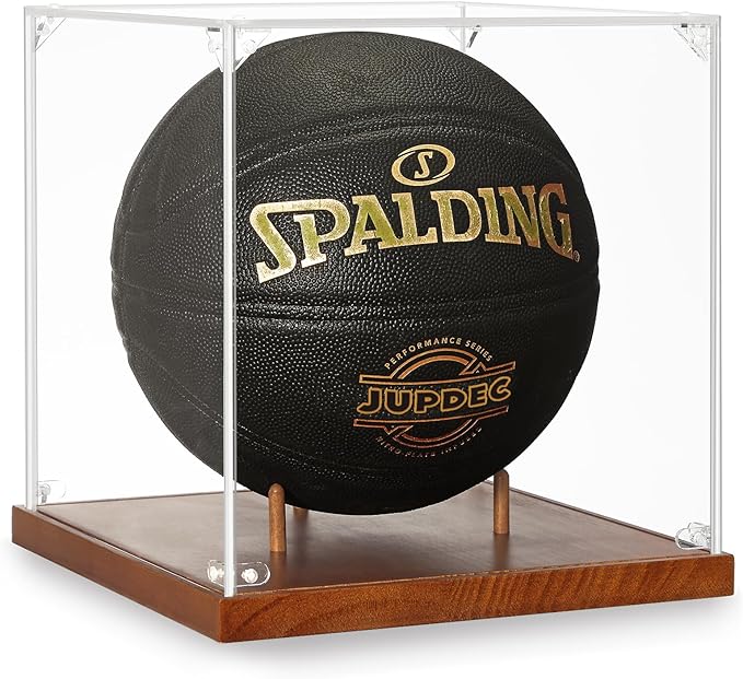 JupDec Basketball Display Case Acrylic Clear 10" Full Size with Solid Wood Base, UV Protected Soccer Display Stand Box for Autographed Standard NBA WNBA Ball Memorabilia Keepsake Ideal Gift Athlete
