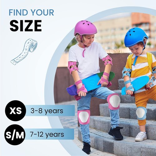 99FLIPS Kids Knee and Elbow Pads Set - Lightweight Skateboard Protective Gear - Size SM Light Blue