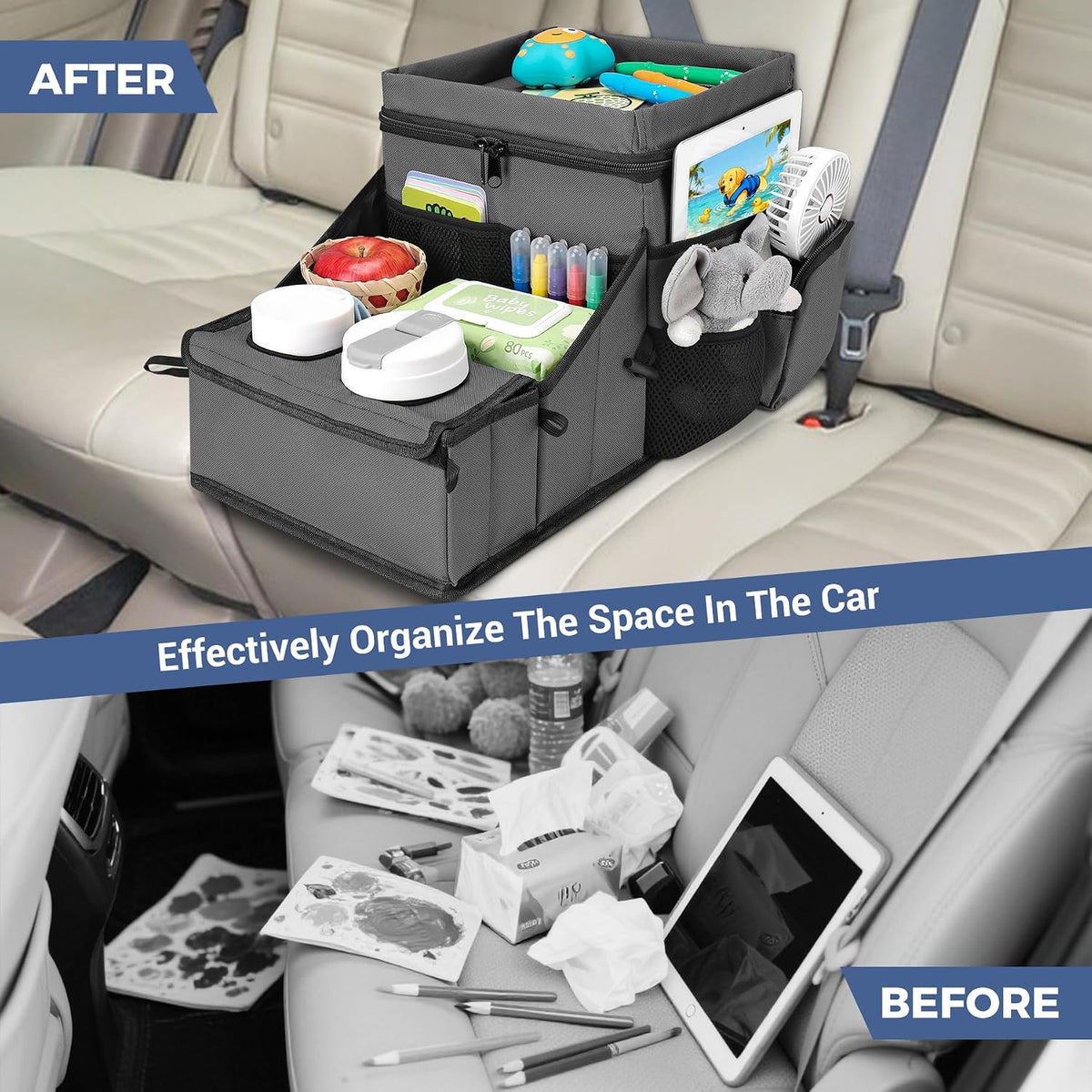 COOLBEBE Car Seat Organizer, Backseat Car Organizer with Cup Holders for Kids and Adults Travel, Cooler Compartment Passenger Seat Organizer Storage Box for Front or Middle Seat, Grey