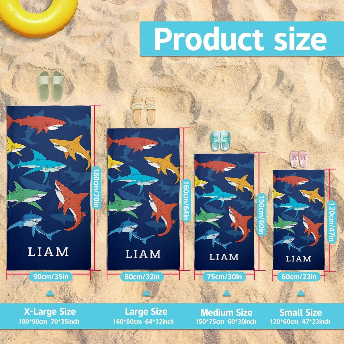 Skiennix Personalized Beach Towels for Kids - Ultra Absorbent Custom Monogrammed Towels | Shark Design