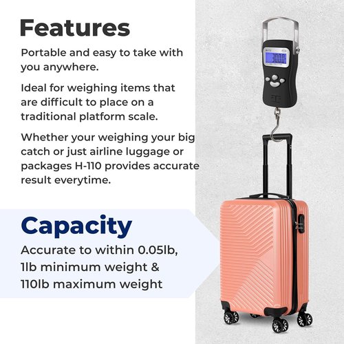 AWS Digital Luggage Scale - 110lb Capacity Hanging Scale with Built-in Tape Measure & Hook | Durable Metal Construction (Black)