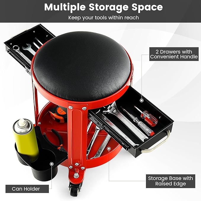 Nightcore Workshop Rolling Seat, Round Creeper Stool with Removable Cushion, Tool Tray, 2 Drawers & Twin Can Holders, Mechanic Roller with 4 Universal Casters for Garage, 300 Lbs Weight Capacity