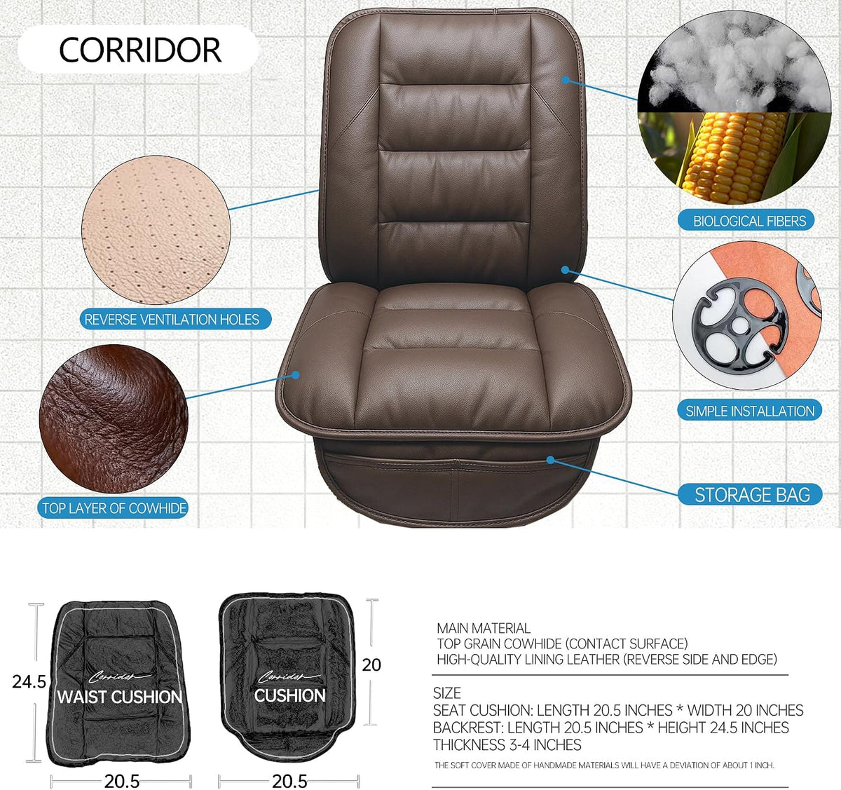 CORRIDOR Genuine Leather Seat Cushion for Car - Handmade - Relieve Hip, Pressure and Sciatica Pain - Ideal for Lower Back Pain - for Office Chair and Car Seat (Coffee Brown, Seat + Backrest)