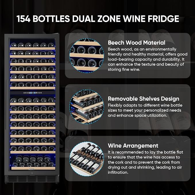 Dual Zone Wine Cooler Refrigerator, 24 Inch Wine Fridge Freestanding or Built-in, 154 Bottle Large Capacity Wine Cooler with Advanced Compressor, Air-circulation System and Low Noise - Black