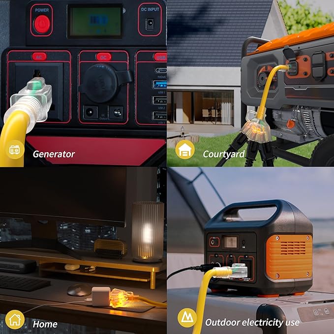 PlugSaf 15 FT 12/3 Gauge Outdoor Extension Cord with Multiple Outlets Light Indicator, Flexible 3 Outlet Weatherproof Heavy Duty Extension Cord Waterproof Yellow, 15A 1875W 12AWG SJTW, ETL Listed.