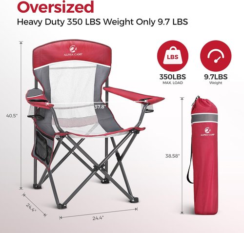 ALPHA CAMP Oversized Mesh Back Camping Chair - Heavy Duty 350 LBS Support | Portable Red Quad Chair with Cup Holder