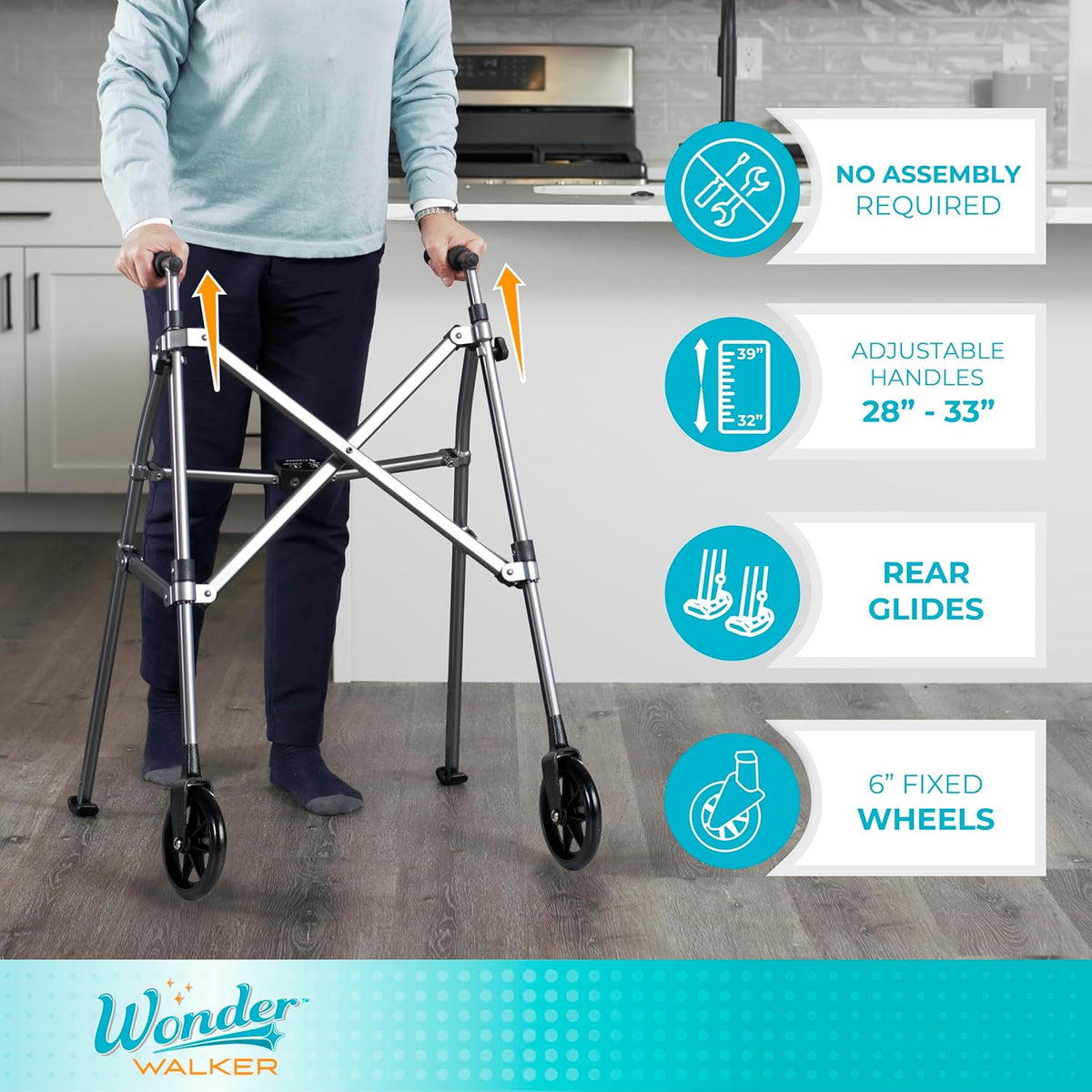 Stander Space Saver Walker Short, Lightweight Folding Rolling Mobility Aid for Juniors & Petite Adults, Compact 2-Wheel Disability Device with 6-inch Wheels & Rear Ski Glides, Cobalt Blue