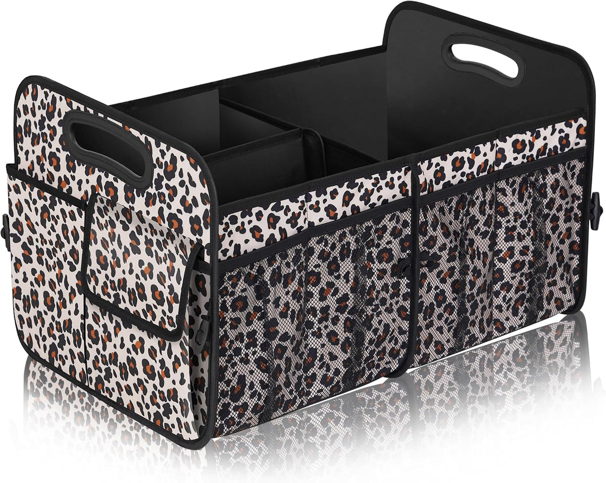 Femuar Car Trunk Organizer, Large Capacity Collapsible Trunk Storage with 11 Pockets, Waterproof, Non-Slip, Suitable for Car, SUV, Truck, Van, Jeep, Sedan, Leopard Print