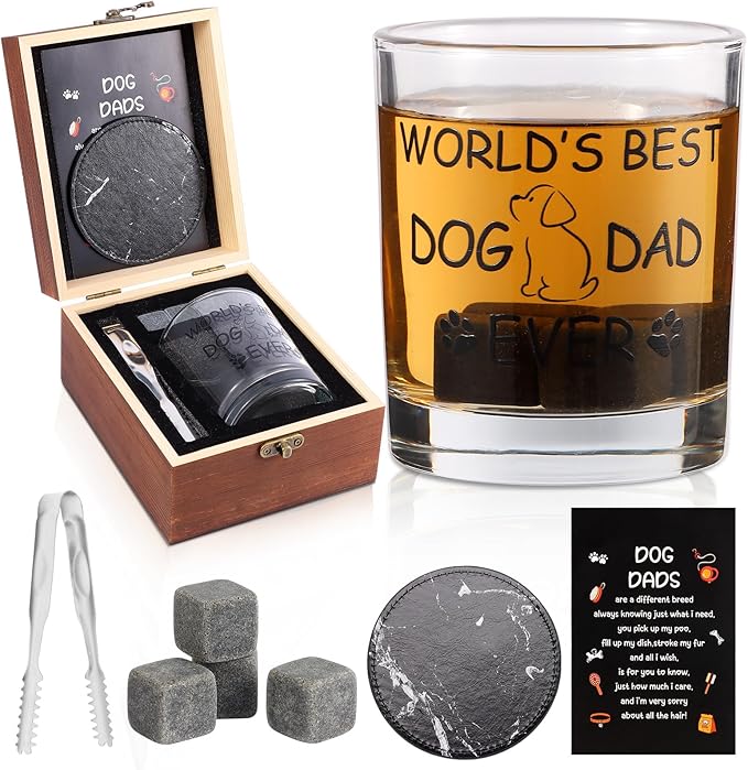 Dog Dad Gifts, Best Gift for Dad, Gift with 12oz Whiskey Glasses, Stones, Coaster, Wooden Box for Dogfather