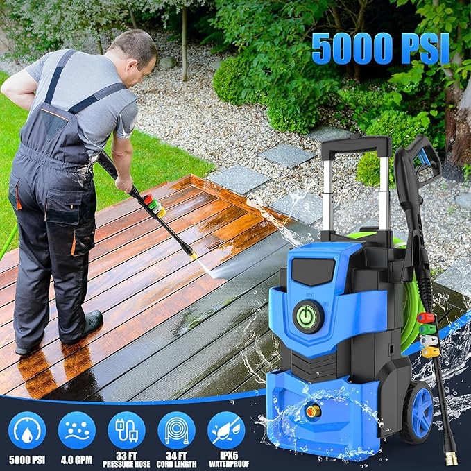 5000 PSI Professional Electric Pressure Washer,4.0 GPM Heavy Duty Power Washer with 4 Nozzles,Foam Cannon,33FT Hose and 500ml Soap Bottle for Home/Cars(Blue)