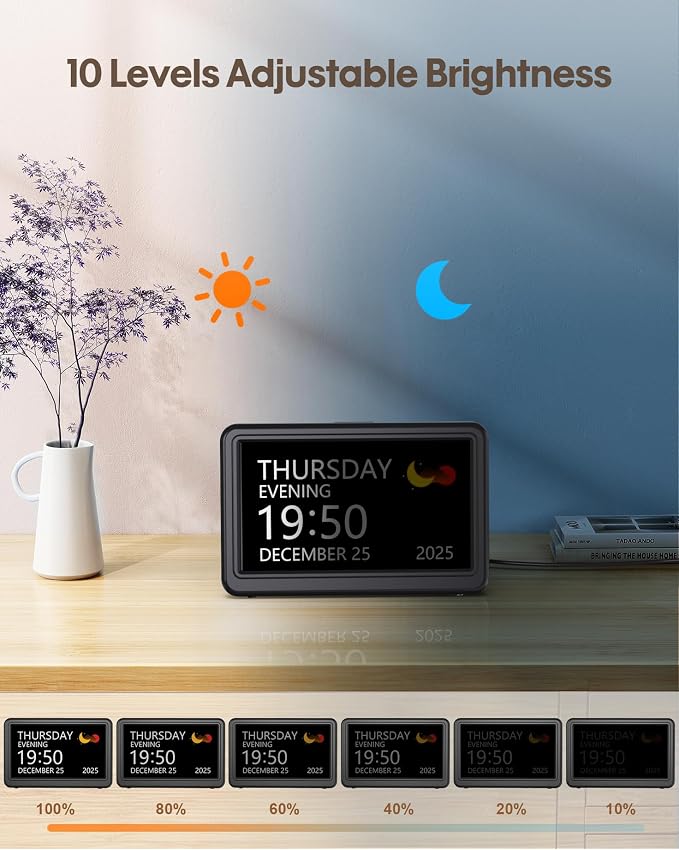 Clock with Day and Date for Elderly, Dimmable Dementia Alzheimers Clocks for