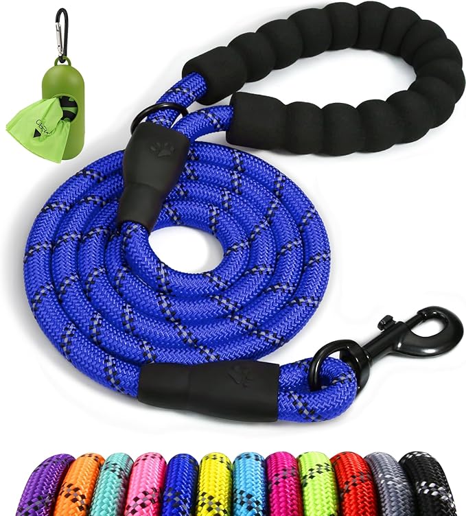 Taglory Rope Dog Leash 4 FT with Comfortable Padded Handle, Highly Reflective Threads Leash and Anti-Tangle Clip for Walking Medium Large Dogs, 1/2 inch, Navyblue