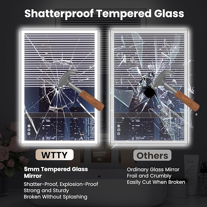 WTTY 20"X28" LED Bathroom Mirror with Black Frame, Bathroom Vanity Mirror with Lights for Wall, Front Light and Backlit, Anti-Fog, Dimmable, 3 Colors, Shatterproof, Memory, Horizontal/Vertical