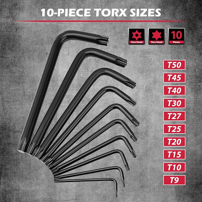 41-Piece Hex Key Allen Wrench Set, L Shape Hex and Torx Key Wrenches with Torque Handle | SAE(0.028"-3/8") | Metric(0.7mm-10mm) | Torx(T9-T50) in 3-Layer Storage Case, Heat Treated Cr-V Steel