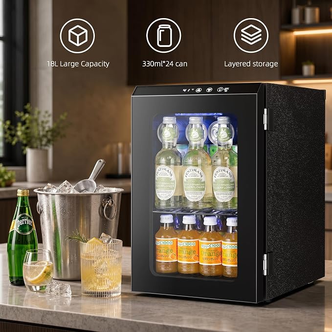 Antarctic Star 18L Mini Fridge Cooler 24Can, Beverage Refrigerator with Quiet Compressor, LED Light,Freestanding Small Fridge with Electronic Temperature Control for Home and Bar(40-61 ℉)