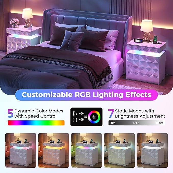 LED Nightstand with Charging Station,3 Drawers Night Stand with Lockable Hidden Storage,Smart Bedside Table with Human Sensor RGB Lights for Bedroom,White