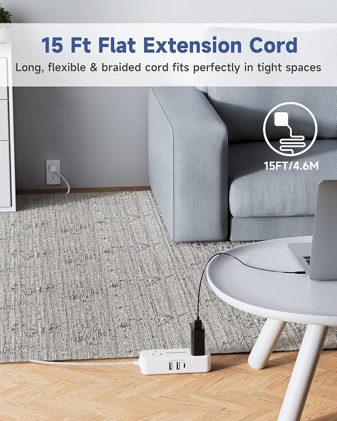 Flat Plug Extension Cord 15 Feet with 4 AC Outlets 3 USB Ports (5V/3.4A 17W), 15Ft Long Braided Cord for Home Office Dorm 13A 1625W