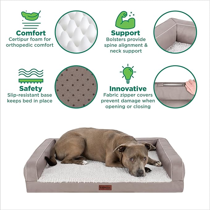 Furhaven Cooling Dog Sofa Bed – Memory Foam Couch with Bolsters, Textured Plush & Water-Resistant Cover, Washable Cover - Greige, Medium