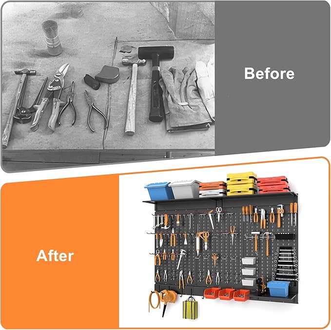 WALMANN 113 PCS Pegboard Wall Organizer Kit with Pegboard Hooks, Bins, Shelves, Pegboard Tools Storage System for Garage, Workbench, Modular Peg Board Tool Organizer Board with Hooks(Black)