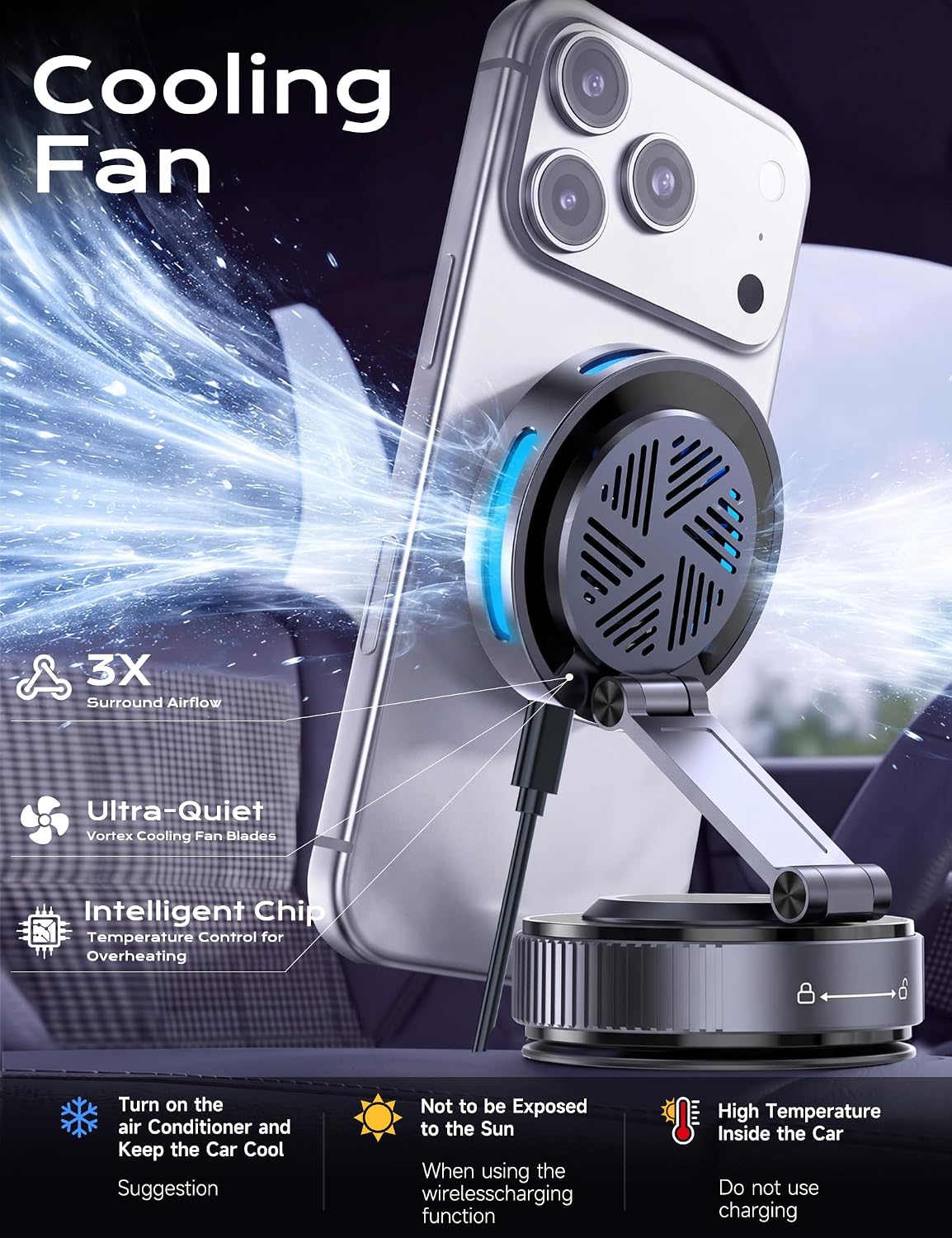 Qi2.2 25W MagSafe Car Mount Charger, Temp-Control Cooling Fan