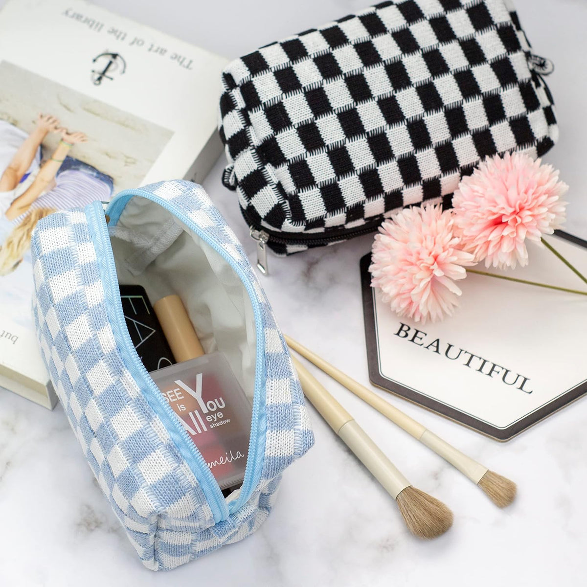 Checkered Makeup Bag for Purse, Small Travel Cosmetic Pouch,Colorful,6 Pack