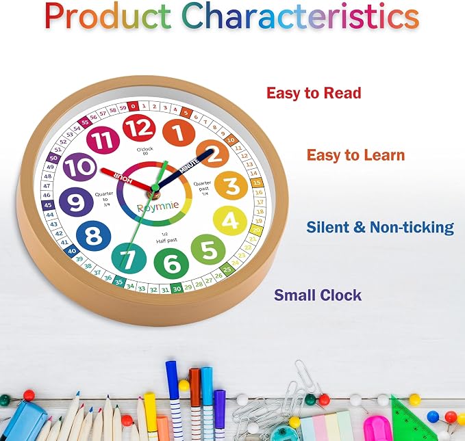 Roymnie Wall Clock for Kids Learning to Tell Time Analog Non Ticking Battery
