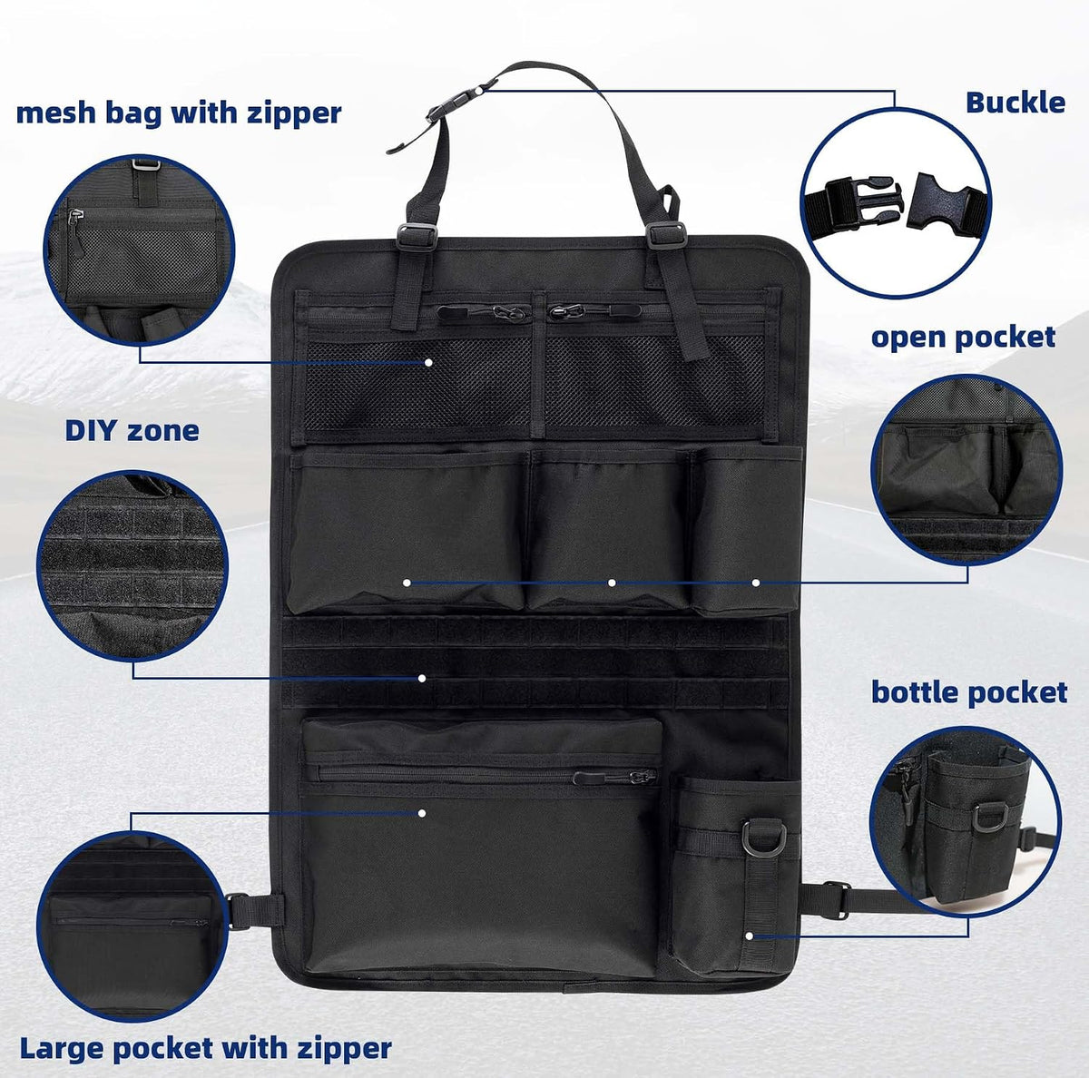 Backseat Car Organizer,Tactical Car Seat Back Organizer, Kick Mats Back Seat Protector with Three Zippered Storage pockets, Travel Accessories with 8 Storage Pockets And DIY zone (Sand Brown)