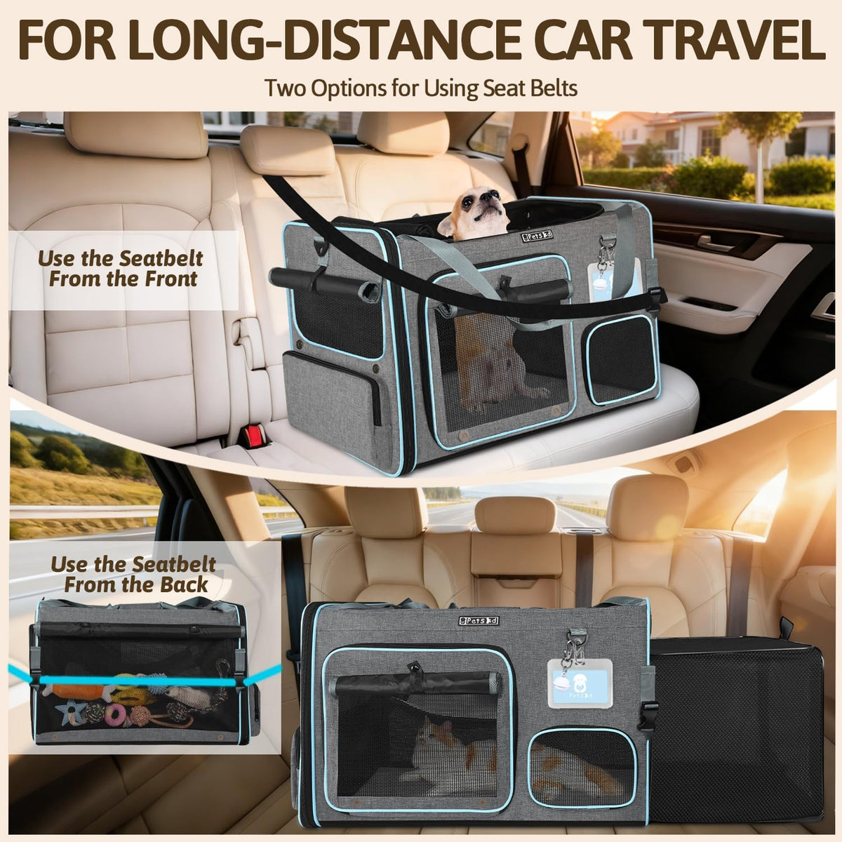 Petskd Side Expandable Extra Large Cat Car Carrier with Collapsible Litter Box for Long Distance Travel,24"x17"x17" Portable Soft Sided Pet Carrier with Roller Shades for 2 Cats Up to 55LBS(Grey)