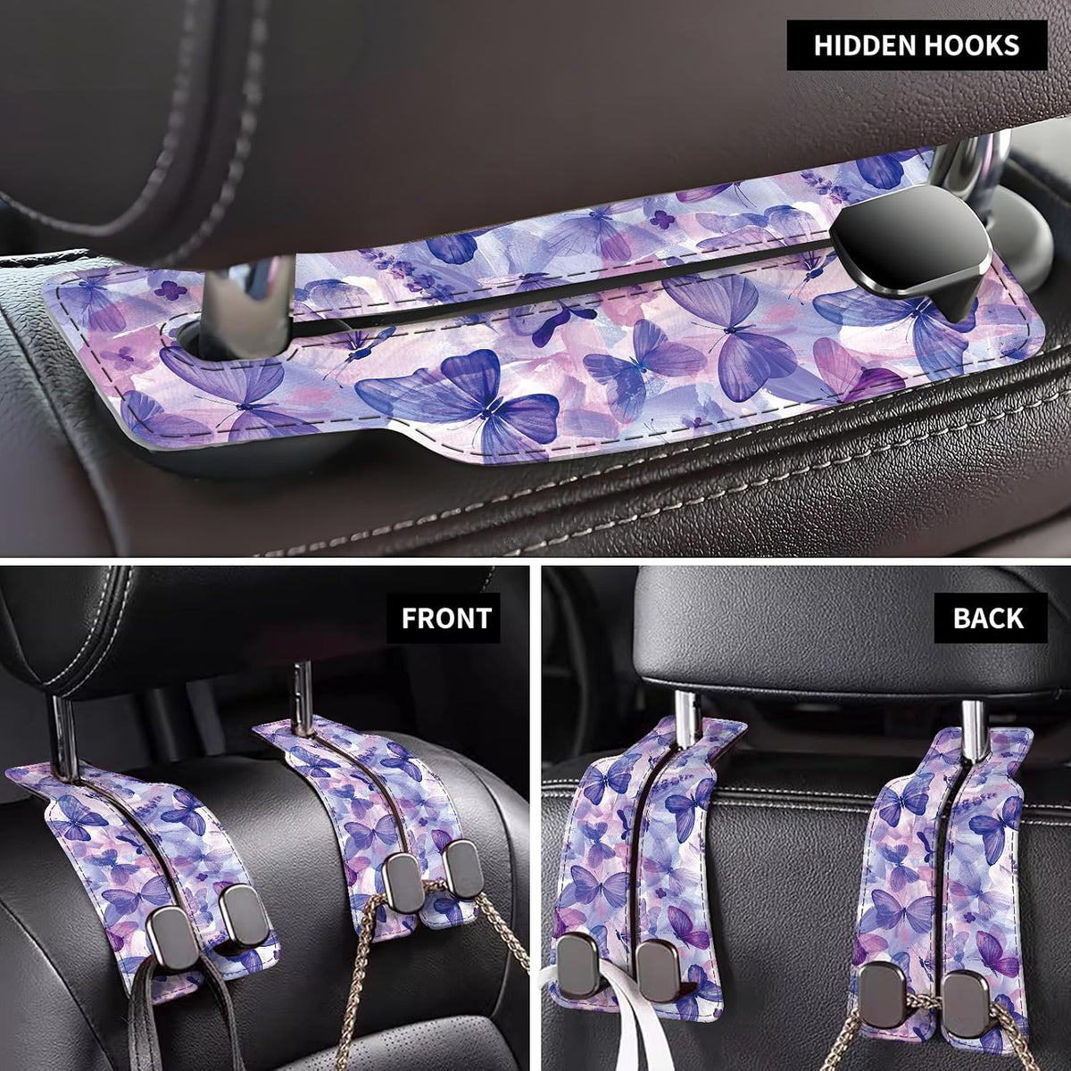 Car Seat Back Storage Headrest Hook, Premium Leather Double Metal Hook, Hanger Storage Organizer for Purse Cloth Bag, Car Interior Accessories Blue Cute Butterfly