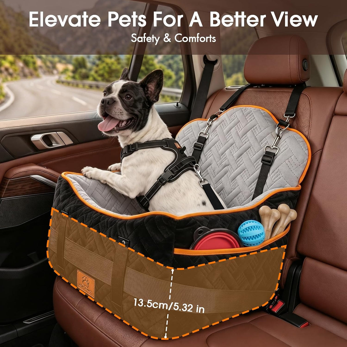 GINMIC Dog Car Seats for Small Medium Dogs up to 35 lbs – Dog Booster Car Seat with 5.3-Inch Memory Foam, Dual Safety Leashes, Detachable Washable Cover & Storage Pockets, Soft Travel Dogs Bed (Black)